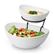  2 Tier Chip and Dip Serving Set with Metal Stand,Ceramic Appetizer Bowls White