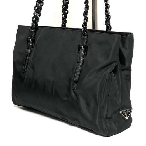 PRADA Nylon Black Triangle Logo Chain Shoulder Tote Bag Authentic Excellent Con