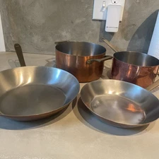 Vintage Paul Revere Copper Clad cookware USA 83 (2) sauté Pans (2) pots (No Lids