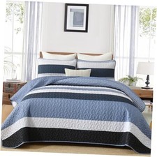 Boho Quilt Size,Mineral Blue Striped Bedding Sets Patchwork Queen Navy Blue