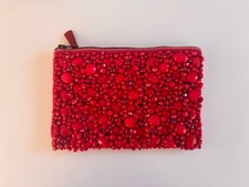 Red Beaded Clutch with Zipper Closure and Satin Interior Lined New