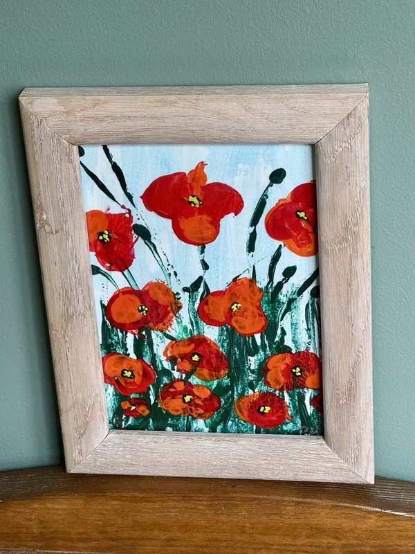 Red/Orange Original Acrylic Palette Knife Poppy Painting Framed Measuring 9 By 7