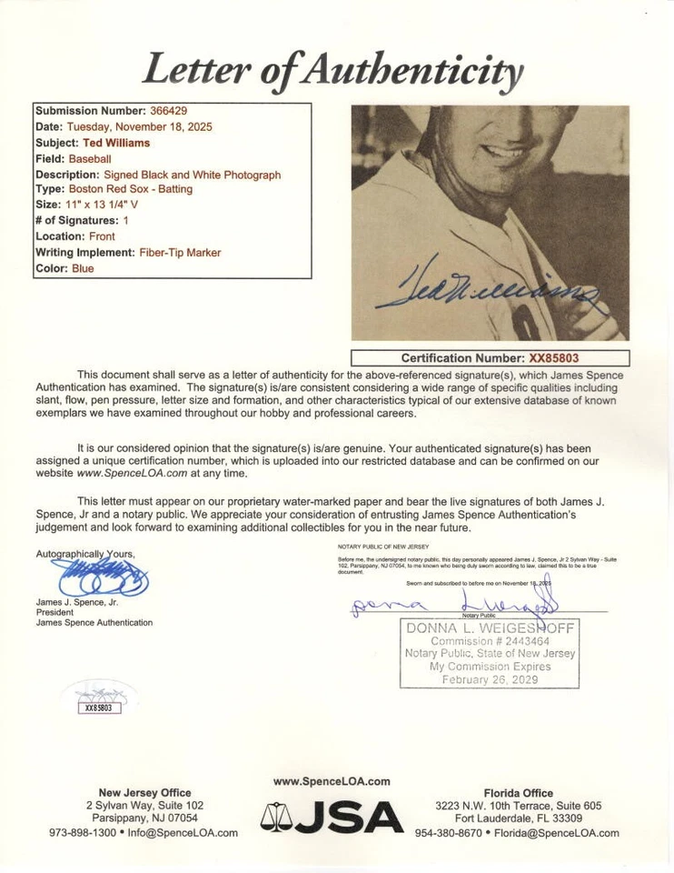 Ted Williams Signed Autograph 11x13 Photo - Red Sox Baseball Legend w/ JSA COA - Image 2 of 3