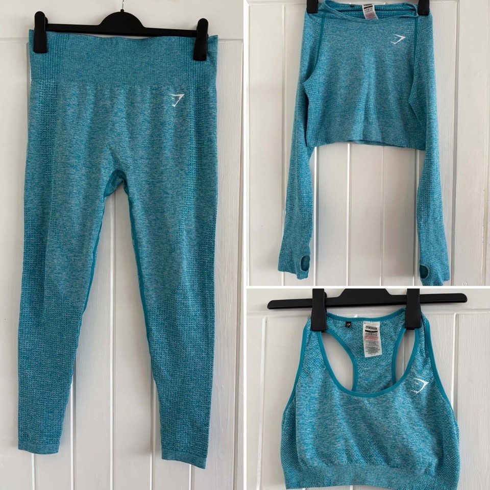 Gymshark Leggings Top Set Women's Large UK 12/14 Blue Seamless Activewear Gym
