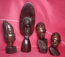 4 busti testa tribale africana vintage tipo legno pesante intagliato più alto 28 cm 