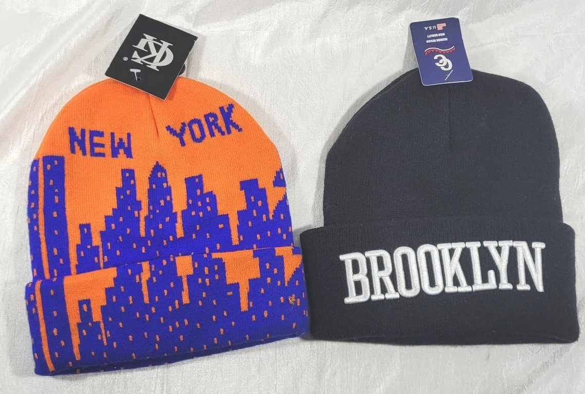 2 Adult Beanies: New York Skyline Orange/Blue & Brooklyn Embroidered Black