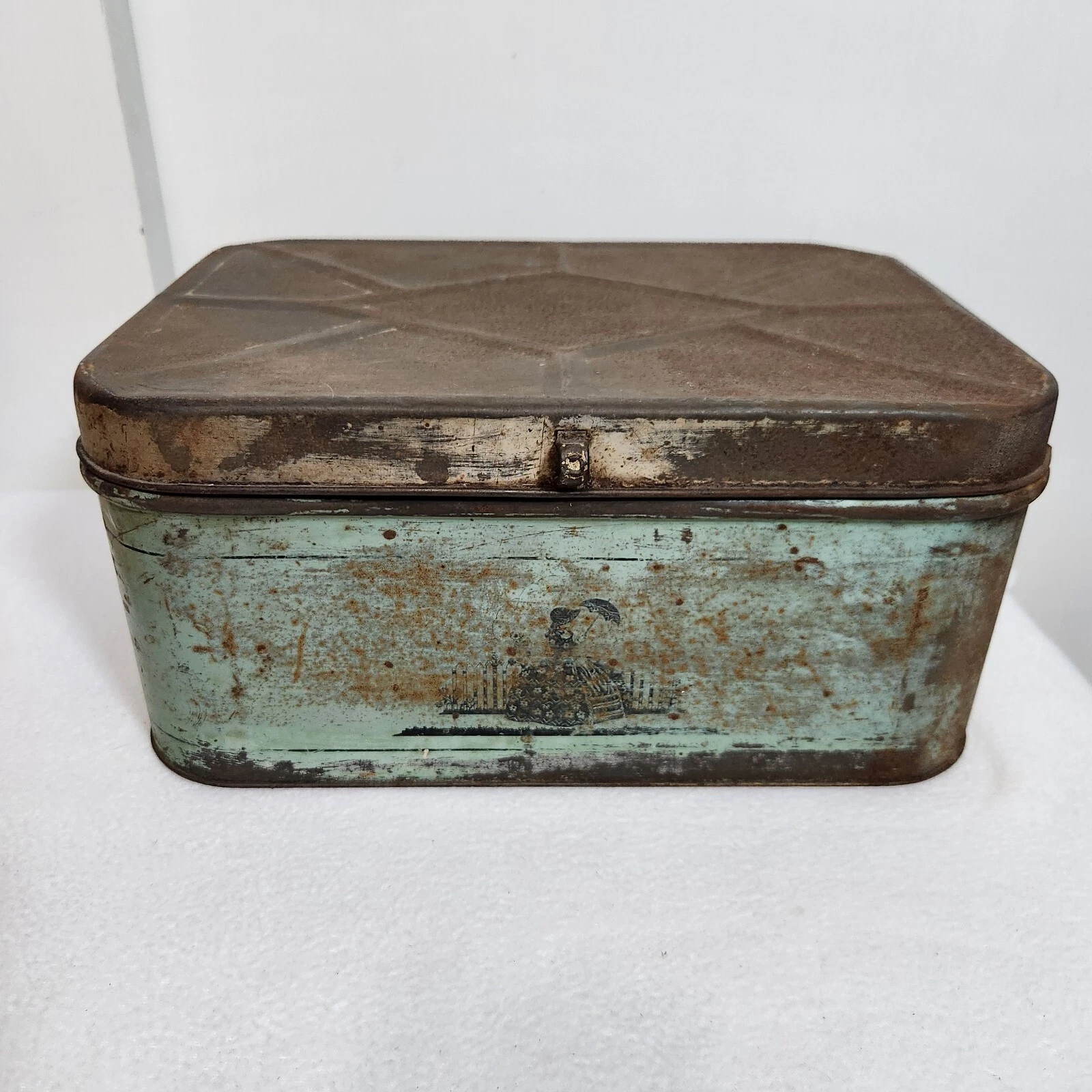 Vintage 1940s Metal Seafoam Green Primitive Bread Box Lady in Hoop Skirt Parasol
