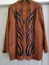 Bob Mackie Wearable Art Faux Suede Jacket W/black Sequin Animal Print - Xxl