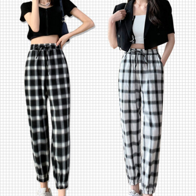 Damen Haremshose Knöchel Kariert Tartan Hose Gummibund Kordelzug Freizeit