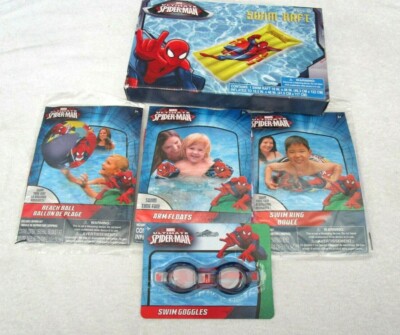 Unisex Spider-man Beach Ball,Arm Floats,20'' Swim Ring,48'' Swim Raft,Goggles-New!