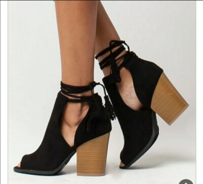 QUPID Stacked Heel Peep Toe Ankle Tie Booties Boot Shoe Sandal