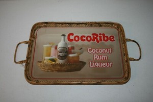 Vtg HTF CocoRibe Coconut Rum Ratan Tiki Bar Advertising Sign Mirror Serving Tray
