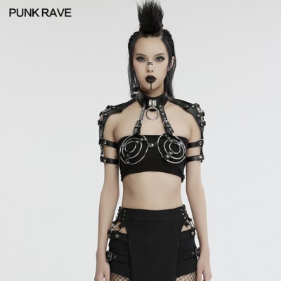 Punk Rave Women Black Gothic Punk Circular Ring Faux Leather Harness