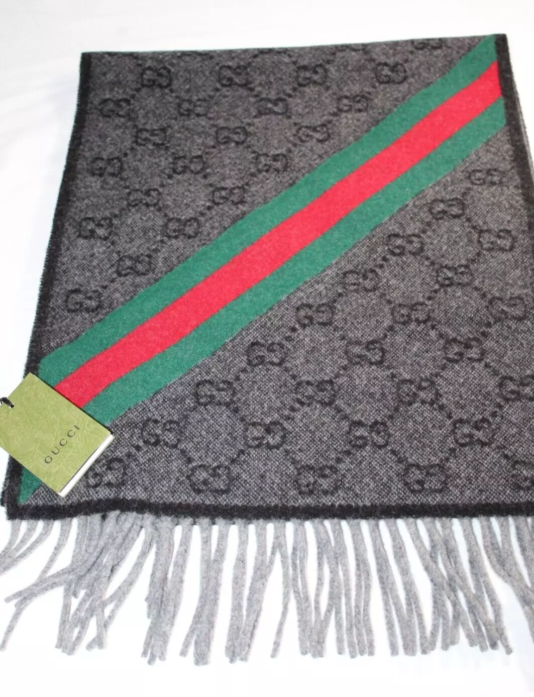 Echarpe toile monogramme GG laine Nikky neuve avec étiquette GUCCI gland charbon unisexe 37 x 190