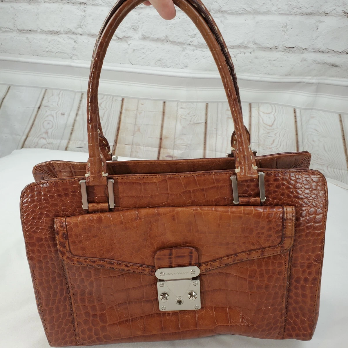 Antonio Melani Womens Brown Crocodile Embossed Leather Satchel