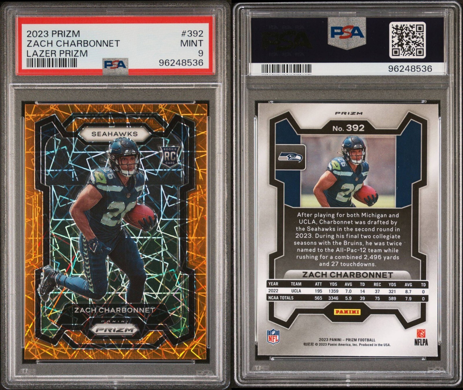 2023 NFL Prizm Zach Charbonnet Rookie RC #392 LAZER PRIZM - PSA 9 - Seahawks