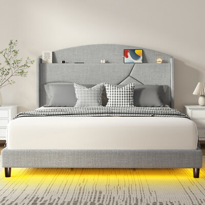 Gray Linen Upholstered King Bed LED Light Home Bedroom Furniture