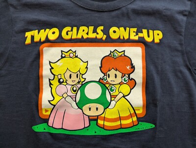 Damen T-Shirt L 40 ''Two Girls, One Up'' Blau Navy Nerd Nerdy Gamer Cup