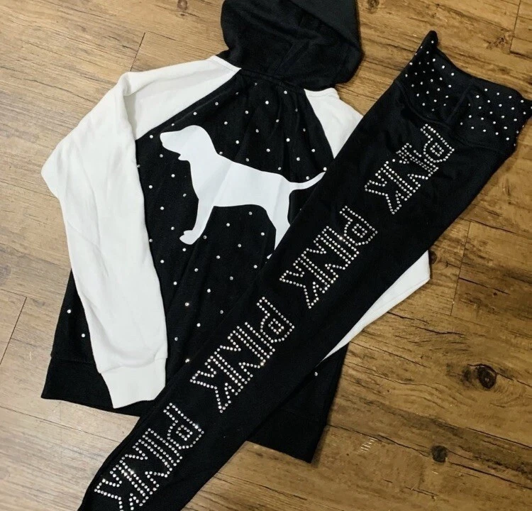 Victoria’s Secret Pink Rhinestone Dog Hoodie / Bling leggings Outfit set S