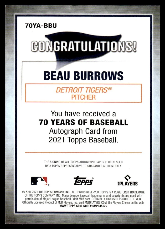 2021 Topps 70 Years of Baseball Autographs Beau Burrows Auto Detroit Tigers - Image 2 of 2