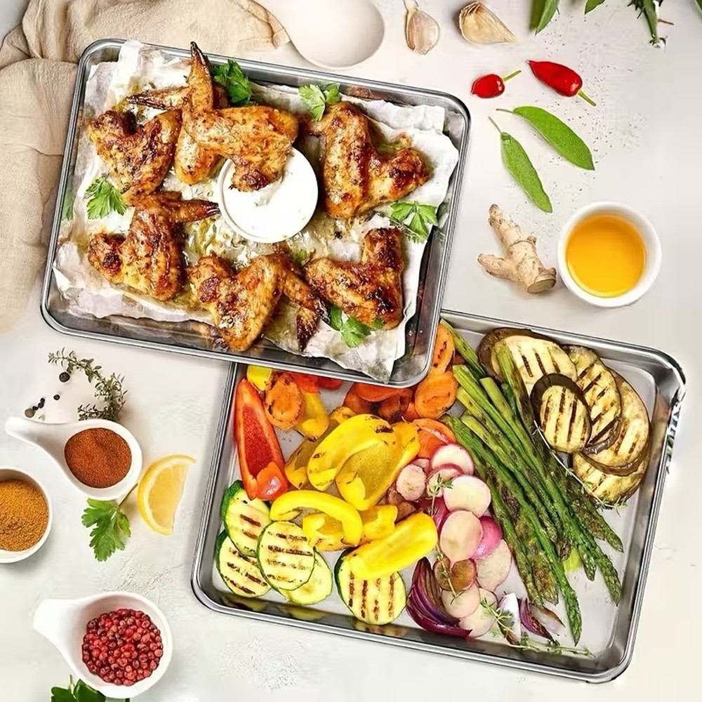 2X Baking Sheet Stainless Steel Oven Tray Pan Toaster Dish BBQ Cookie Fruit Cake — image 7