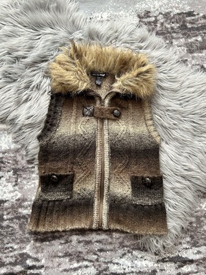 Love by Design Sweater Vest Womens Medium Brown Faux Fur Trimmed