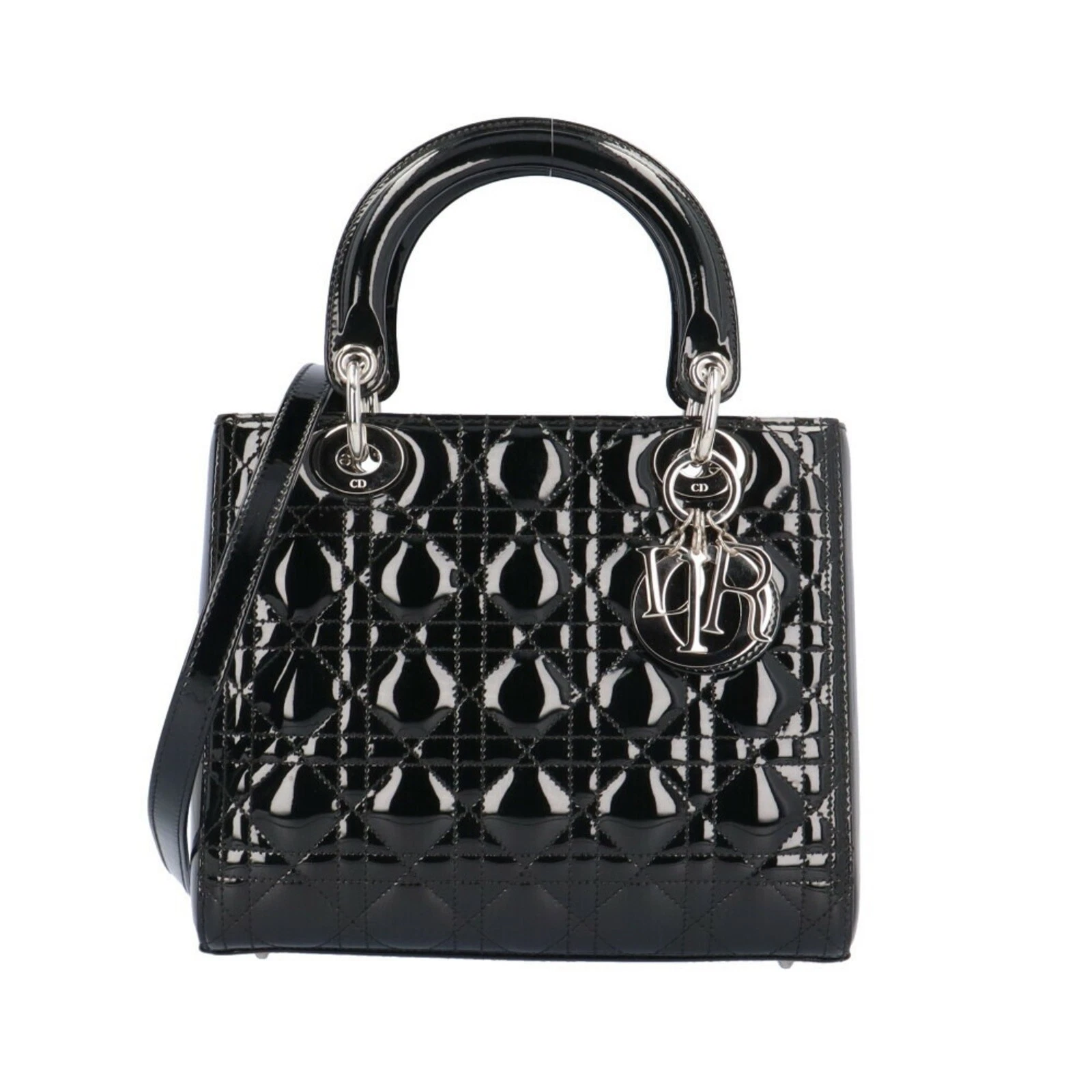 Sac à main Dior Lady Dior en cuir verni noir authentique