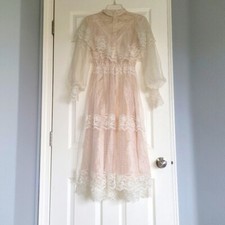 Vintage 1970s Pink Prairie Pastel Pink Lace Dress