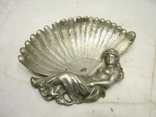 Ornate Cast Brass Ashtray Lady w/Feather Fan Greecian Greek Art nouveau Figural