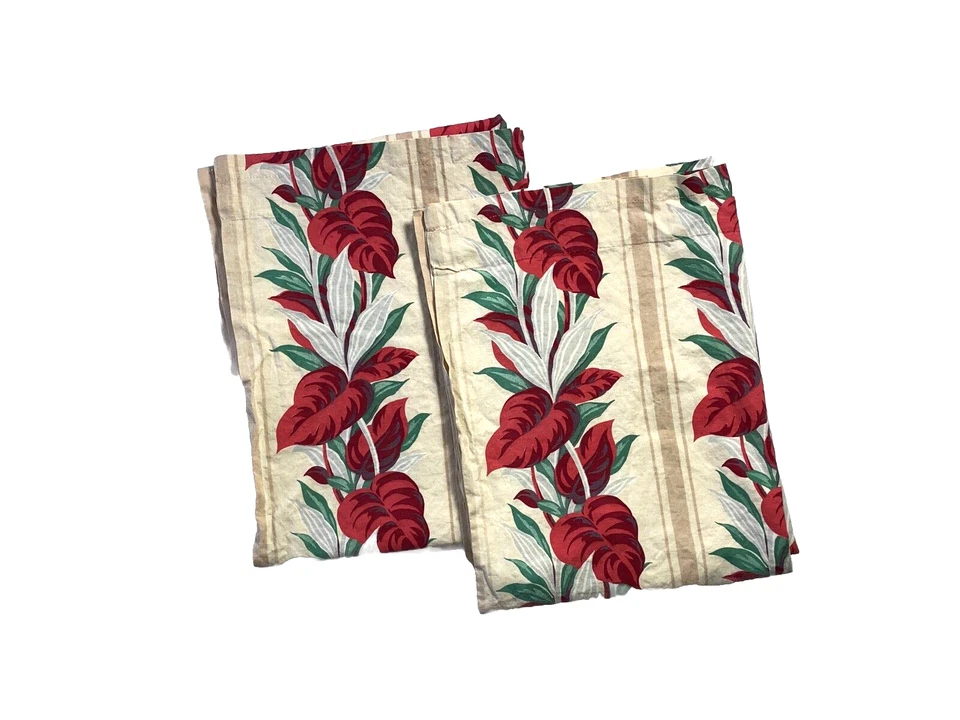 Vintage Pair Hibiscus Curtains Panels Drapes 88 in Long Red Beige Tan Floral 2 - Image 3 of 4