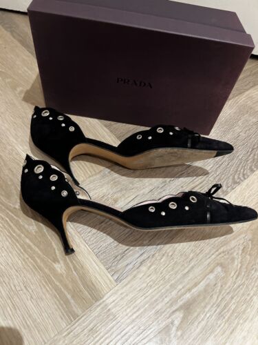 De colección Súper Raro 2000 Prada Negro Gamuza Tachonado Gatito Tacón Mules Talla 39 - Imagen 6 de 22