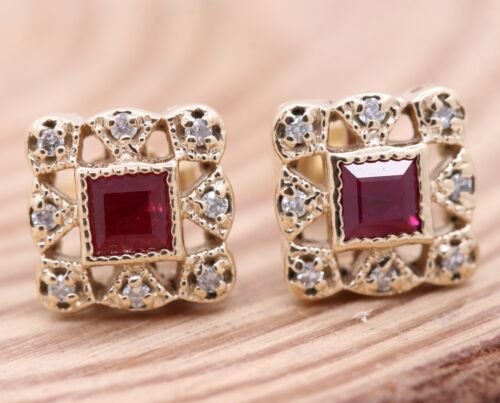 Natural Ruby & Diamond Square Shape Studs 925 Silver Earrings for Womens