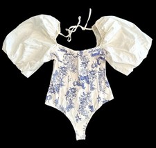 Intimately Free People Prairie Rose Bodysuit blue cream floral puff sleeve sz XS