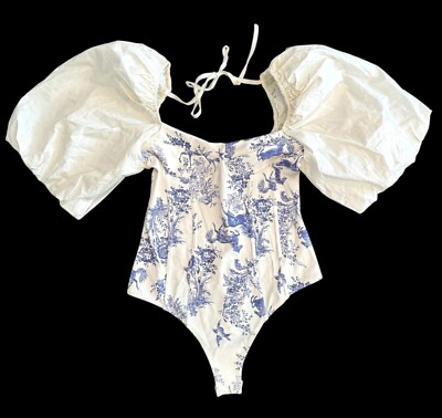 Intimately Free People Prairie Rose Bodysuit blue cream floral puff sleeve sz XS