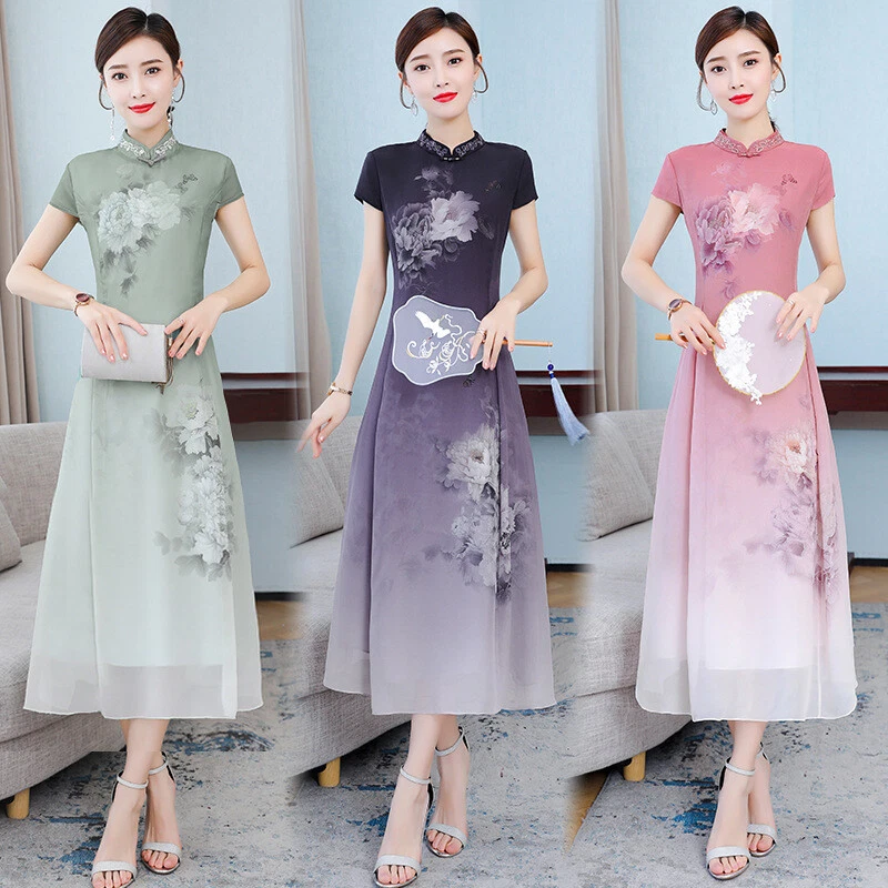 Women Summer Elegant Short-Sleeve Cheongsam Dress A-Line Retro Chinese  Style