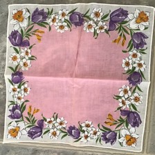 VINTAGE COTTON HANDKERCHIEF HANKY 12 X12 DAFFODIL AND TULIP MOTIF