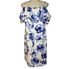 Lauren by Ralph Lauren Women's Cold-Shoulder Floral Crepe Blue And White Dress 8