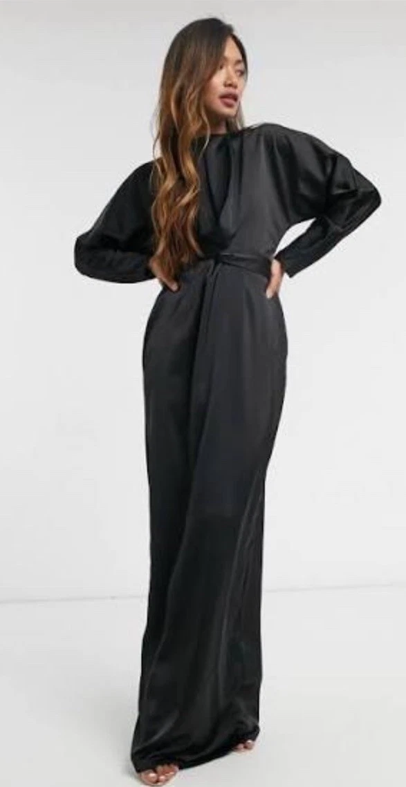 chinese dress ladies Asos Design Satin Maxi Dress With Batwing Sleeve And Wrap Waist In Black main image 0
