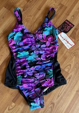 Vintage 80s NWT Maxine Of Hollywood Slim View Purple Floral One Piece Swimsuit