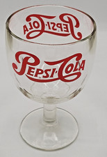 Vintage PEPSI COLA Glass Pedestal Goblet Thumbprint Schooner Red Letter 6"
