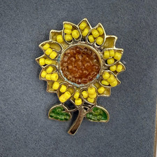 Vintage Alloy Sunflower Gold-Toned Beaded Fashion Decorative Enamel Brooch Pin