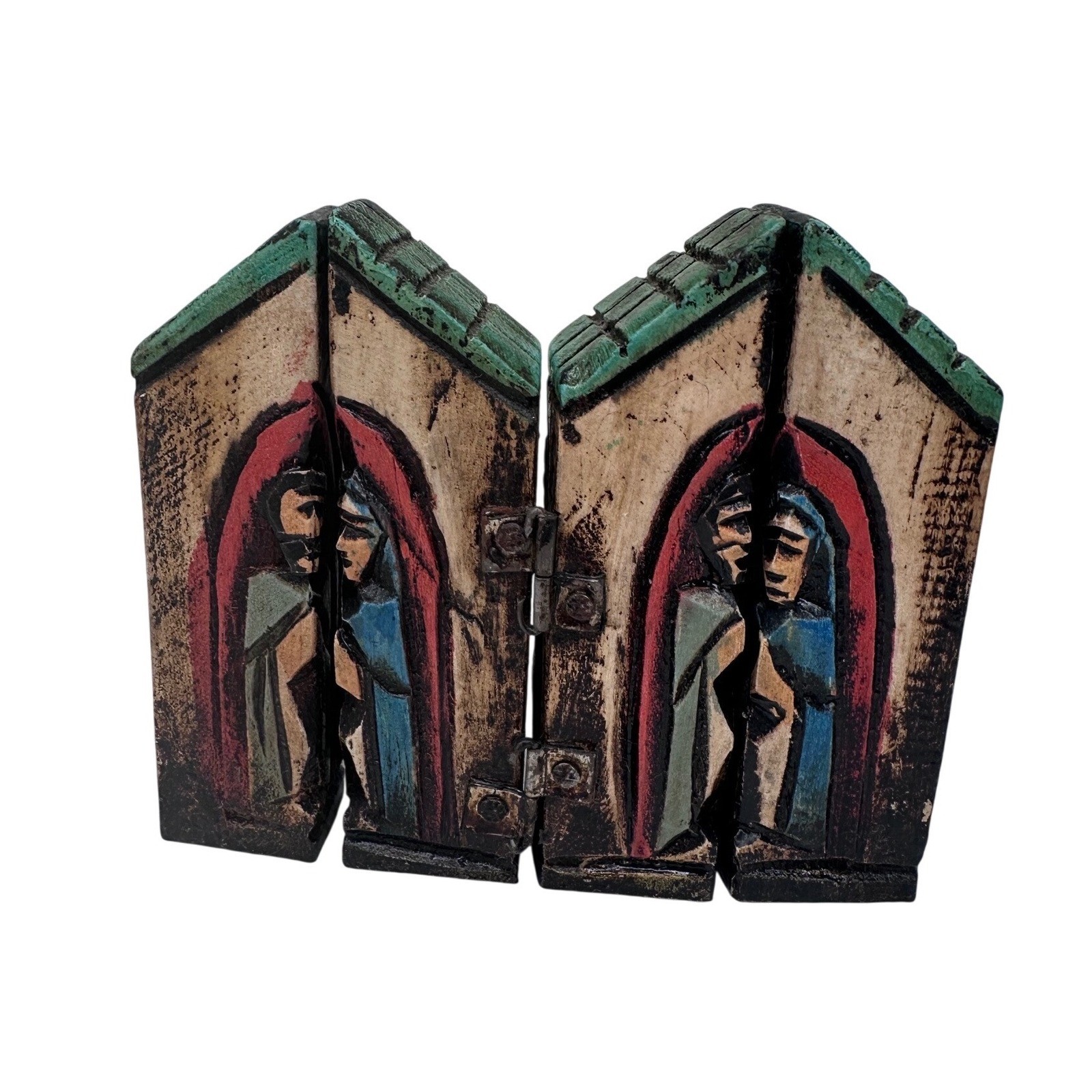 Vintage Hand Carved Wooden Triptych Folding Religious Icon Folk Art Decor