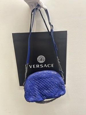 Versace La Medusa Calf Skin Blue Pebbled Leather Crossbody Chain Bag Y113