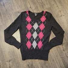 Apt 9 Womens M Argyle Sweater 100 Cashmere Pink Gray V Neck Preppy College