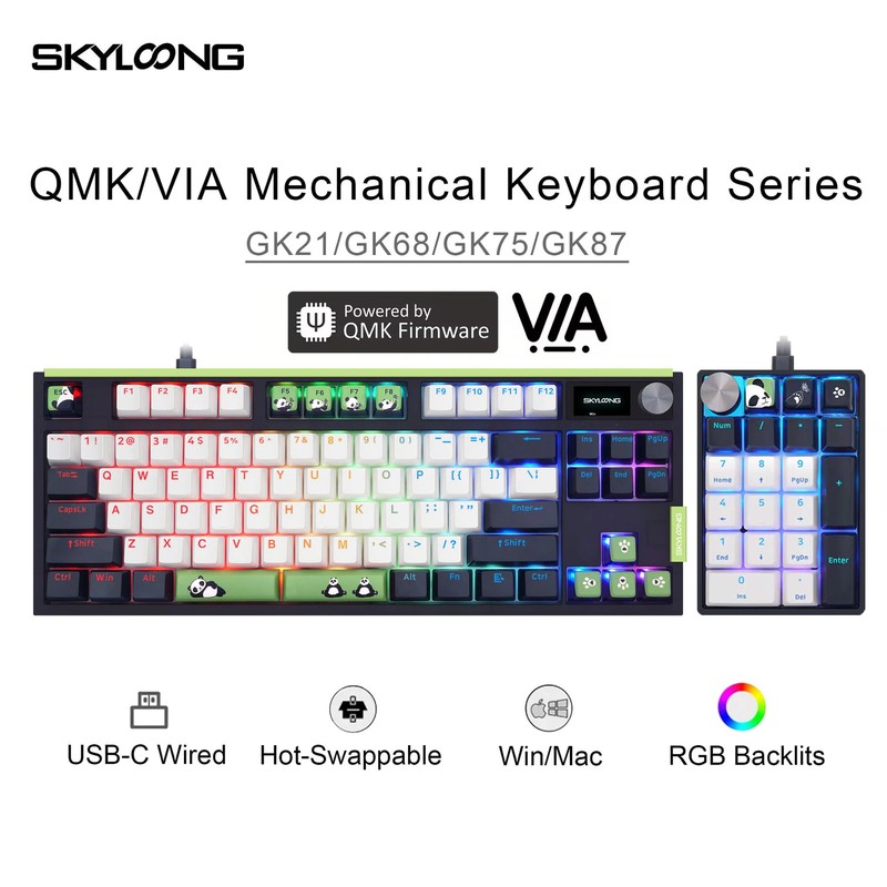 SKYLOONG QMK/VIA Mechanical Keyboard GK21/68/75/87 Hot-Swap PBT Panda USB-C