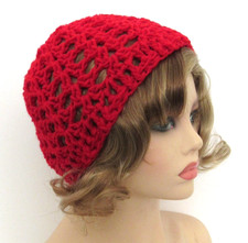 CLASSIC BOHO BEANIE HAT CAP RED MESH OPEN WEAVE ACRYLIC HANDMADE CROCHET