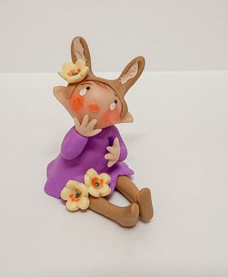 Miniature Polymer Clay Rabbit Gnome With Yellow Flowers Figure 1.2 
