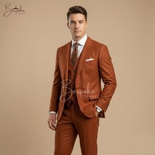 Mens Rust 3 Piece Suit Wedding Groom Prom Slim Fit Burnt Orange Formal Suit