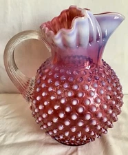 Vintage Fenton art glass cranberry opalescent hobnail ice lip pitcher