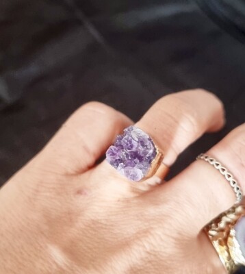 Handgefertigter Unikat Roh Amethyst Ring Gold Kristall Lila Edelstein Vintage Boho Groß